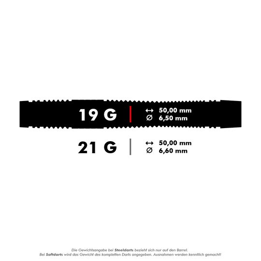 Target Scope 11 Softdarts Das Bild zeigt Spezifikationen für Darts mit einem Gewicht von 19 Gramm und 21 Gramm. Die Darts sind jeweils 50,00 mm lang und haben einen Durchmesser von 6,50 mm bzw. 6,60 mm.