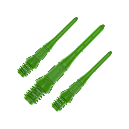 Das Bild zeigt drei grüne Dartspitzen aus Kunststoff. Sie sind nebeneinander angeordnet und auf einem transparenten Hintergrund dargestellt.