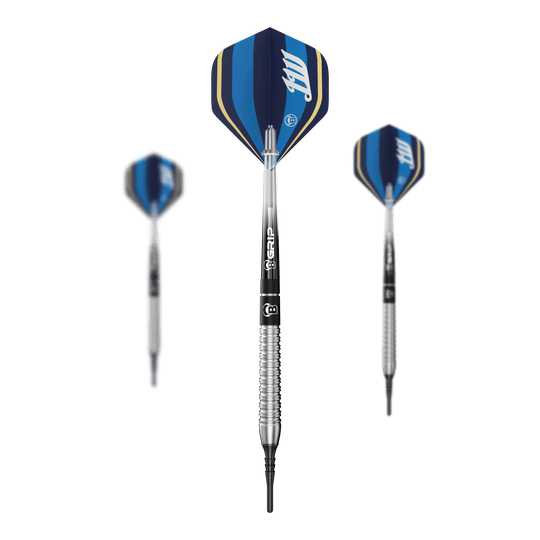 Auf dem Bild sind Bulls Leon Weber Softdarts - 22g als komplettes Set dargestellt. Das Set eignet sich perfekt für den Einstieg ins Softdart-Spiel.