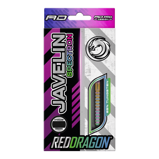 Red Dragon Javelin Spectron Steeldarts Die Verpackung zeigt die "Red Dragon Javelin Spectron Steeldarts". Die Darts bestehen zu 85% aus Wolfram und haben eine bunte Optik.