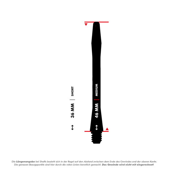 C642_Red_Dragon_Gerwyn_Price_V-Groove_Aluminium_Shafts_Blue_5_46mm Das Bild zeigt zwei verschiedene Längen von Dartshafts: 36 mm (kurz) und 46 mm (mittel). Die Längen werden jeweils zwischen den roten Linien gemessen, das Gewinde ist nicht mit einberechnet.