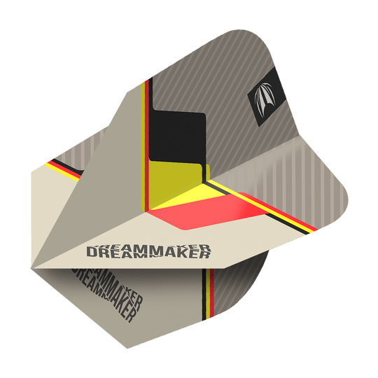 TG78_336510_Target_Pro_Ultra_Dimitri_Van_Den_Bergh_2022_Ten-X_Flights_2 Dies ist ein Dart-Flight mit dem Namen "Target Pro Ultra Dimitri Van Den Bergh TenX Flights". Das Design enthält die Farben Schwarz, Gelb und Rot sowie den Schriftzug "DREAMMAKER".