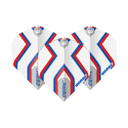 Voli standard Winmau Prism Delta Epix No2 Das Bild zeigt drei Dartflights des Produkts "Winmau Prism Delta Epix No2 Standard Flights". Die Flights sind weiß mit roten und blauen Streifen sowie geometrischem Muster gestaltet.