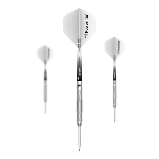Das Bild zeigt drei Steeldarts des Modells "Bulls Challenger Sascha Stuhlemmer - 23g". Die Darts sind silberfarben mit weißen Flights, auf denen "Powerflite" steht.