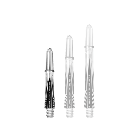 Das Bild zeigt drei klare Harrows Supergrip Ignite Shafts in unterschiedlichen Längen. Die Shafts haben ein transparentes Design mit schwarzen Akzenten und der Aufschrift "SUPERGRIP IGNiTE".