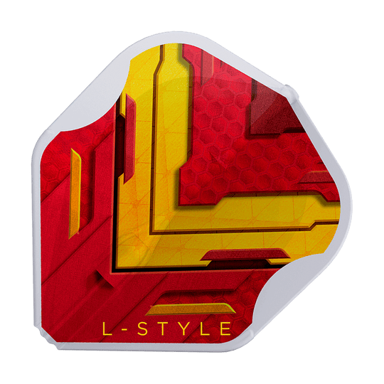 L-Style V-Series V1 Type A Spain Clear White L1EZ Flights Das Bild zeigt ein Dart-Flight mit einem Design in den Farben Rot und Gelb. Am unteren Rand steht in gelber Schrift "L-STYLE".