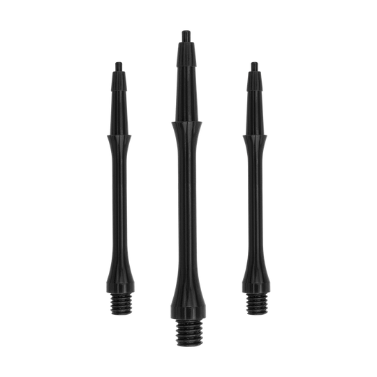 HRC-12596_Harrows_Clic_Slim_Shafts_Black_30mm_1bNnKe1dy1m9Zw Das Bild zeigt drei schwarze Harrows Clic Slim Shafts. Sie sind schlanke, leichte Schäfte für Dartpfeile.