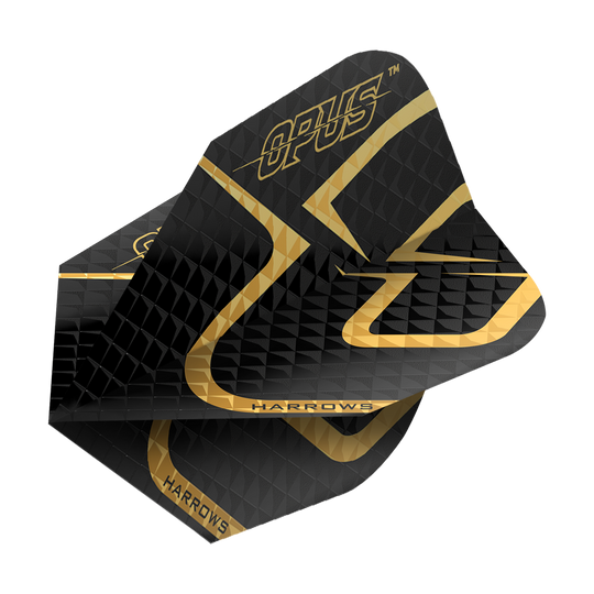 Lety Harrow's Opus verze 2 Das Bild zeigt das Produkt "Harrows Opus Version 2 Flights". Die Flights sind überwiegend schwarz mit goldenen Akzenten und Aufschrift.