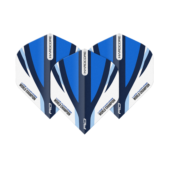 Vols Standard Bleu Blanc Red Dragon Hardcore Luke Humphries Das Bild zeigt drei Dartflights in Blau, Weiß und Schwarz mit der Aufschrift „HARDCORE“ und „Luke Humphries World Champion“. Es handelt sich um das Produkt „Red Dragon Hardcore Luke Humphries Blue White Standard Flights“.
