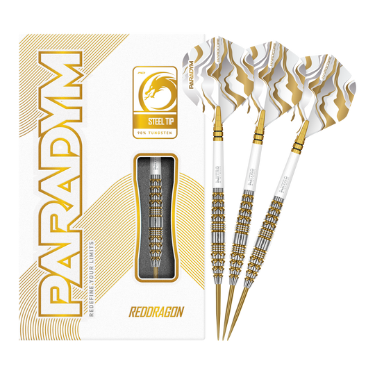 Dardos de acero Torpedo Red Dragon Paradym Gold Das Bild zeigt die Red Dragon Paradym Gold Torpedo Steeldarts in vollständiger Ansicht. Es sind elegante Steeldarts mit goldener Oberfläche.
