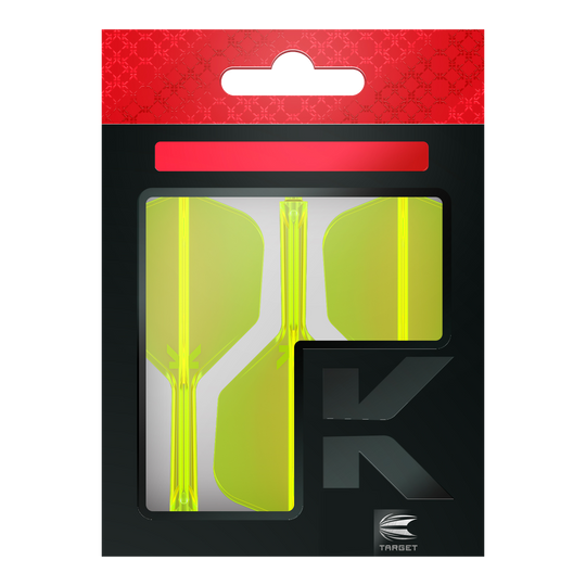 Letový systém Target K-Flex No6 - neonově žlutý Die Abbildung zeigt eine Verpackung mit neon-gelben Dartflights. Die Verpackung ist überwiegend schwarz mit einem roten Bereich oben und dem Logo „TARGET“ unten rechts.
