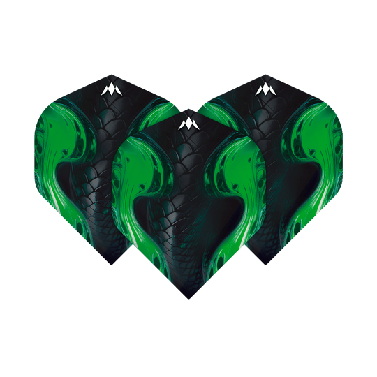 Standardní lety Mission Solo Venom No2 Auf dem Bild sind drei Mission Solo Venom No2 Standard Flights zu sehen. Sie haben ein schwarzes Design mit auffälligen grünen Schlangenmuster-Elementen.