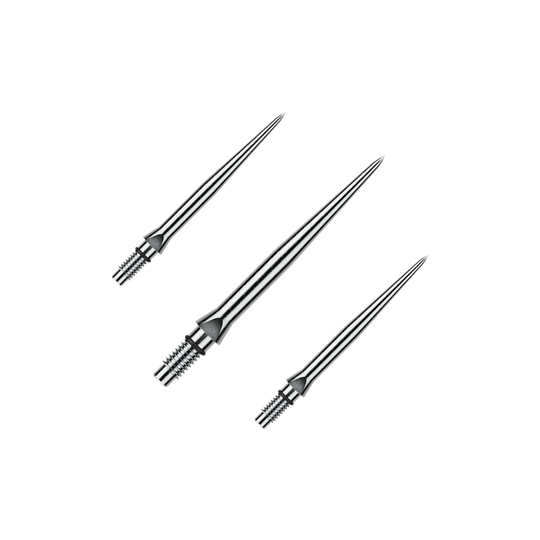 Abgebildet ist ein Set von glatten silbernen Steeldartspitzen. Diese Spitzen sind vermutlich 26 mm lang.