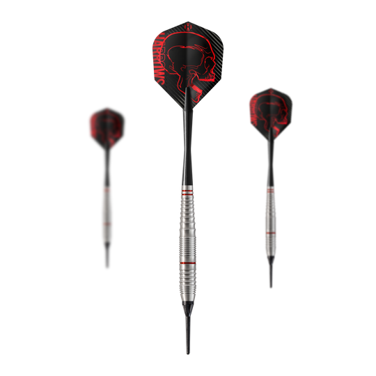 Dardos suaves Harrows Rage Das Bild zeigt drei Harrows Rage Softdarts mit silbernen Schäften und roten Akzenten. Die Flights sind schwarz mit einem roten Totenkopf-Design und dem Schriftzug "Harrows".