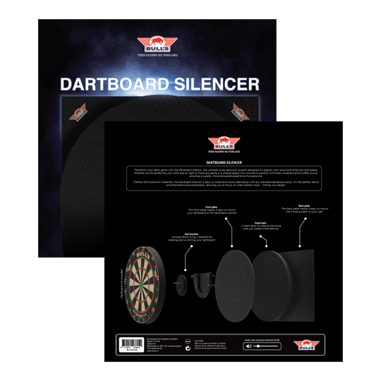 Das Bild zeigt das Produkt "Bulls NL Dartboard Silencer" in seiner Verpackung. Auf der Rückseite ist eine Grafik abgebildet, die die einzelnen Komponenten und deren Funktionen erklärt.