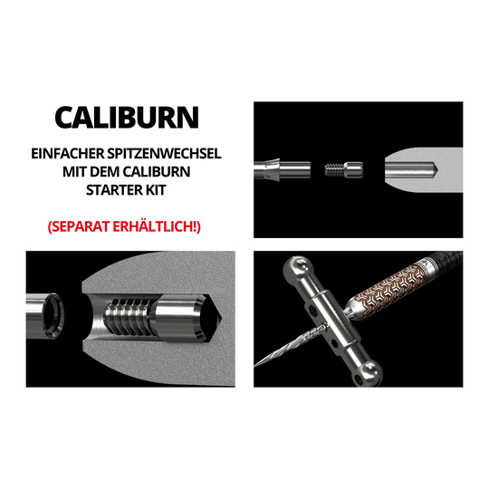 Das Bild zeigt die Caliburn System Steeldartspitzen - Ripple - NoLip in Schwarz mit verschiedenen technischen Nahaufnahmen. Es werden die einzelnen Komponenten und der Aufbau der Dartspitzen detailliert dargestellt.