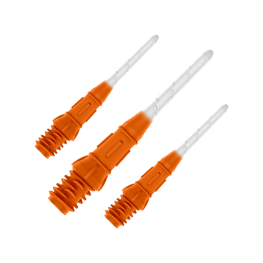 L-Style Premium Two Tone Lippoints (30er Pack)-Orange/Weiß Das Bild zeigt drei orange-weiße Dartspitzen in einer Reihe. Die Spitzen sind zum Teil orange und werden nach vorne hin durchsichtig.