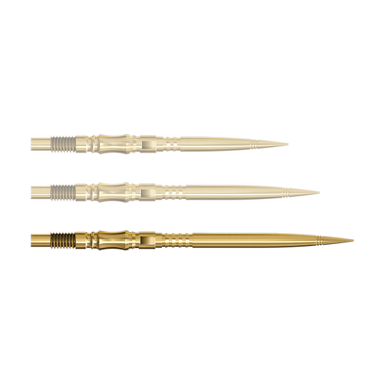 Harrows Quick Point Axis Elite Series Dartspitzen - Gold Eine einzelne Dartspitze in Gold ist von nahe gezeigt. Die Spitze ist nach rechts ausgerichtet.