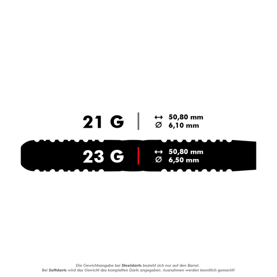 RD2567_Red_Dragon_Gerwyn_Price_Firebird_Steeldarts_5_23g Das Bild zeigt zwei Steeldart-Modelle mit unterschiedlichen Gewichten und Maßen. Der Dart mit 21 g wiegt 21 Gramm und hat einen Durchmesser von 6,10 mm, während der Dart mit 23 g einen Durchmesser von 6,50 mm besitzt; beide sind 50,80 mm lang.