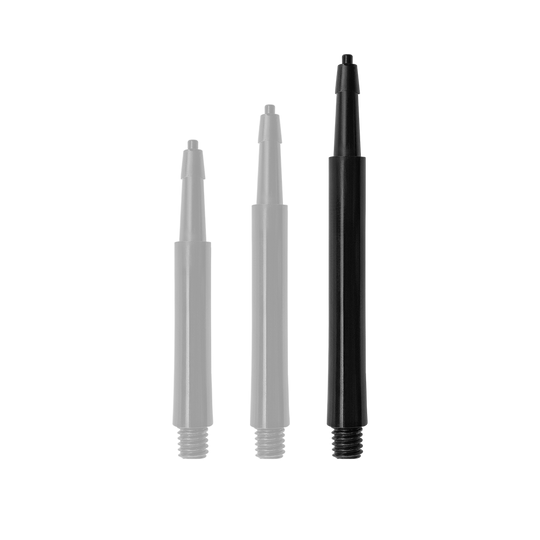Das Bild zeigt drei schwarze Harrows Clic Standard Shafts in unterschiedlicher Länge. Sie sind als Zubehörteile für Dartpfeile gedacht.
