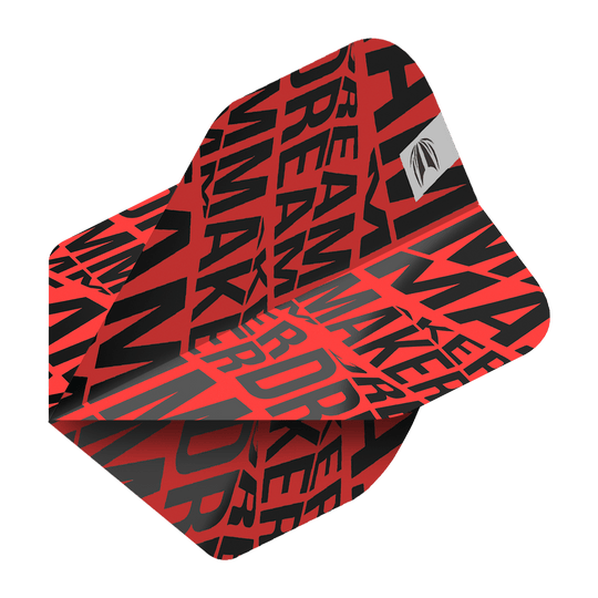 TG82_336580_Target_Pro_Ultra_Dimitri_Van_Den_Bergh_Red_No2_Standard_Flights_2 Das Bild zeigt einen roten Dartflight mit dem Schriftzug "DREAMMAKER" in schwarzen Buchstaben. In der oberen Ecke befindet sich ein kleines silbernes Logo.