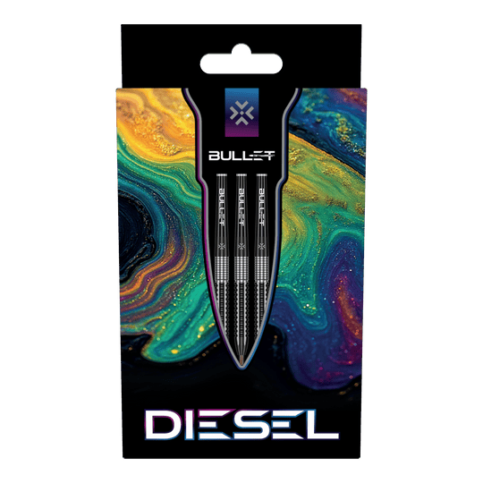 Ocelové šipky Bullet Diesel Zu sehen sind die Bullet Diesel Steeldarts. Das Bild zeigt das Aussehen und Design dieses Dartprodukts.
