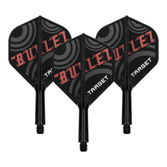 Target K-Flex Stephen Bunting No2 Standard Flight-Shaft-System Bild zeigt ein Dart-Flight Set mit der Bezeichnung 'Target K-Flex Stephen Bunting No2 Standard Flights 19mm 1Set'. Es ist ein Zubehör für Dartscheiben und Spieler.