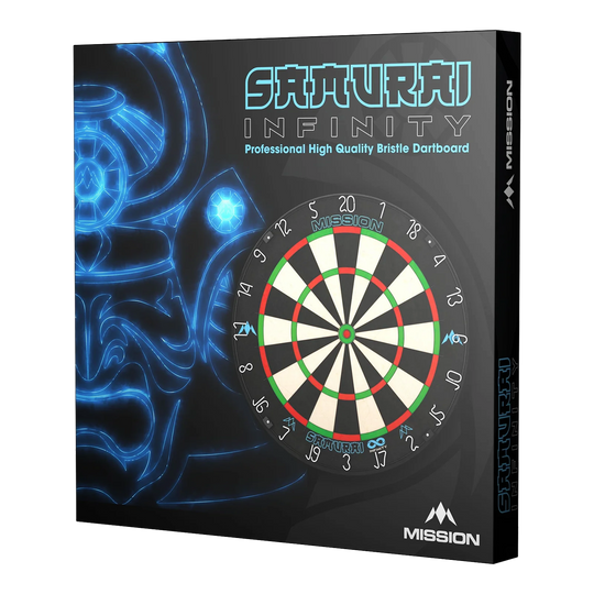 Bersaglio per freccette in acciaio Mission Samurai Infinity Auf dem Bild ist die Verpackung des "Mission Samurai Infinity Steeldartboard" zu sehen. Die Box zeigt eine Abbildung eines Dartboards und ein leuchtendes Samurai-Motiv im Hintergrund.