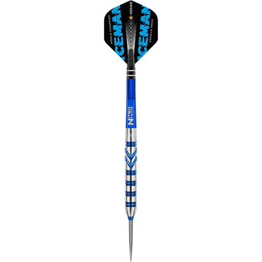 RD1890_Red_Dragon_Gerwyn_Price_Blue_90_Steeldarts_1YWaiOs2XZbjGX Das Bild zeigt einen Steeldart der Marke "Red Dragon Gerwyn Price Blue 90%". Der Dart ist überwiegend blau und silber, mit schwarzen Flights, auf denen „ICEMAN“ steht.