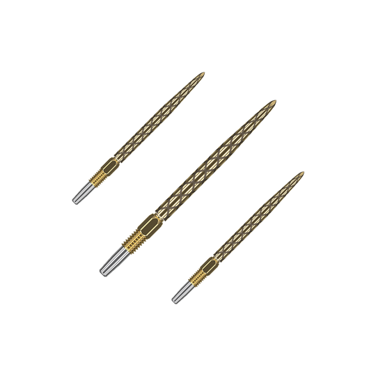 Puntas de dardos Target Swiss Diamond Pro Gold Das Bild zeigt drei goldfarbene Dartspitzen mit einem rautenförmigen Muster. Sie liegen nebeneinander auf einem grünen Hintergrund.