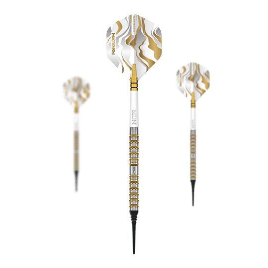 Šipky Red Dragon Paradym Gold Parallel Softdarts - 20g Abgebildet ist ein Set der Red Dragon Paradym Gold Parallel Softdarts - 20g. Das Set besteht aus mehreren goldenen Darts.