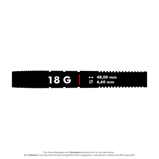 Měkké šipky Target Nathan Aspinall X Echo - 18g Das Bild zeigt die Produktspezifikationen für die "Target Nathan Aspinall X Echo Softdarts - 18g". Der Dart wiegt 18 Gramm, ist 48,00 mm lang und hat einen Durchmesser von 6,60 mm.