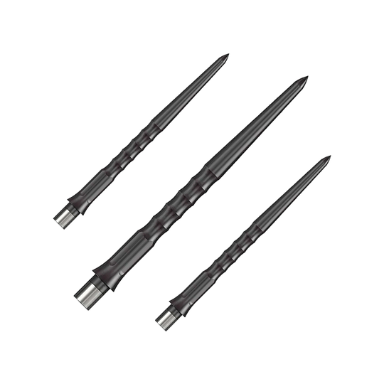 Das Bild zeigt drei schwarze Steeldartspitzen mit einer gerippten Oberfläche. Die Spitzen sind schlank und haben eine Länge von 32 mm.