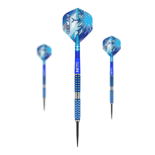 Ocelové šipky Red Dragon Gerwyn Price Glacier Das Bild zeigt die "Red Dragon Gerwyn Price Glacier Steeldarts" mit blauen Akzenten und eisigem Design. Die Darts haben auffällige Flights mit dem Schriftzug "ICEMAN" und Schneeflockenmuster.