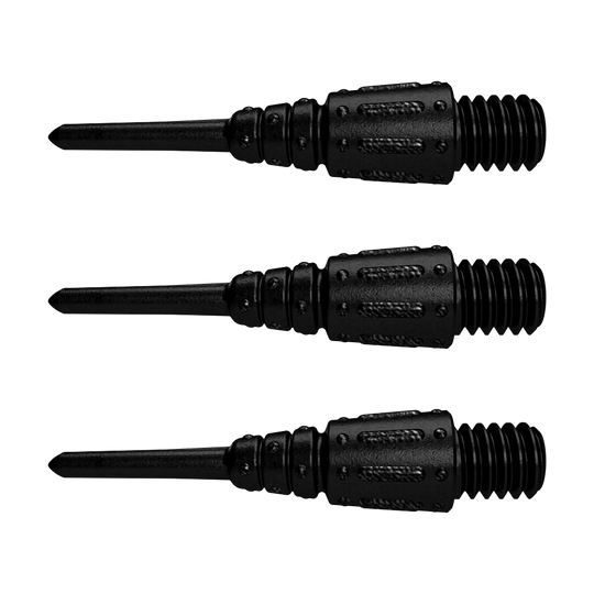 UN40080-Unicorn-Epic-Soft-Tip-Points-Black-0 Das Bild zeigt drei schwarze Soft-Tip Spitzen für Dartpfeile. Es handelt sich um das Produkt "Unicorn Epic Soft Tip Points Black - 100er Pack".