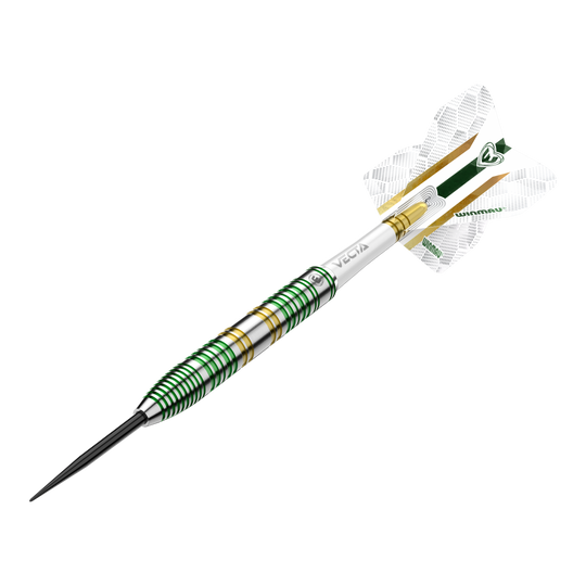 Freccette in acciaio Winmau Xenon Das Bild zeigt einen Winmau Xenon Steeldart. Der Dartpfeil hat ein silbernes Design mit grünen und goldenen Ringen sowie weißen Flights.