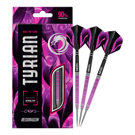 Dardos de acero de Tyrian del Red Dragon Das Bild zeigt die Red Dragon Tyrian Steeldarts mit auffälligem lila und pinkem Design. Die Darts bestehen zu 90% aus Tungsten und sind in einer stilvollen Verpackung präsentiert.