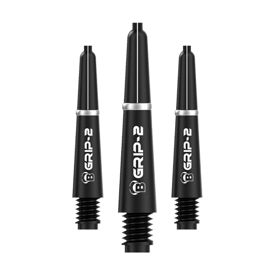 BS55081_Bulls_B-Grip-2_SL_Shafts_Schwarz_28mm_1 Das Bild zeigt drei schwarze Bulls B-Grip-2 SL Shafts für Dartpfeile. Sie sind schlank designt und haben weiße Schriftzüge auf der Vorderseite.