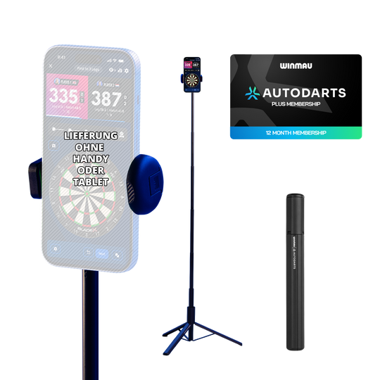 Pacchetto che include supporto per dispositivi Winmau e abbonamento di 12 mesi. Zu sehen ist das Winmau Device Stand & 12 Monate Membership Bundle. Das Set umfasst einen stabilen Geräteständer und eine 12-monatige Mitgliedschaft.