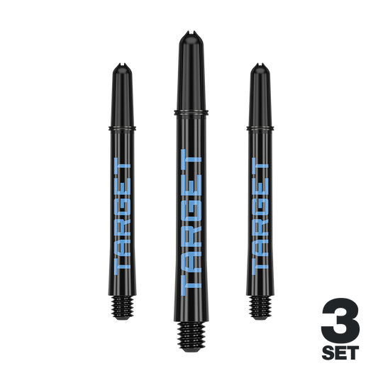 Tiges Target Pro Grip TAG - 3 jeux - Noir et bleu Das Bild zeigt drei schwarze Dartschäfte mit blauer "TARGET"-Aufschrift. In der rechten unteren Ecke steht "3 SET".