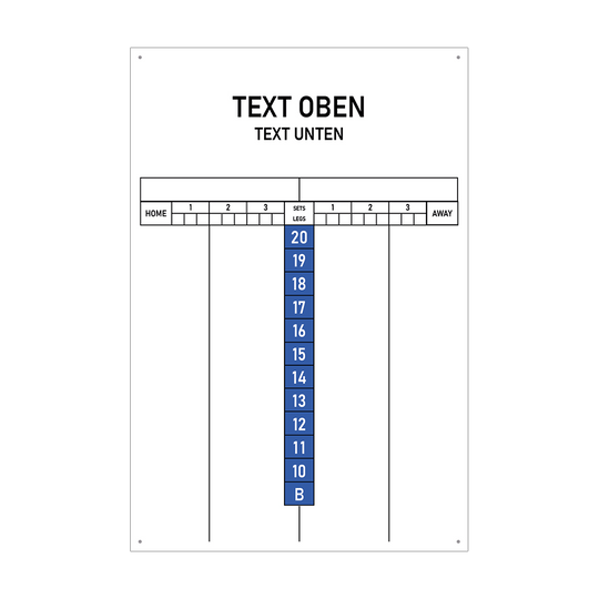INSCORE2_Scoreboard_mit_Wunschdruck_40x60cm_Blau_1 Das Bild zeigt eine Anzeigetafel mit Feldern für Heim- und Auswärtsteams sowie Sets und Legs. In der Mitte sind die Zahlen von 20 bis 10 und ein Feld mit „B“ in blauer Farbe angeordnet.