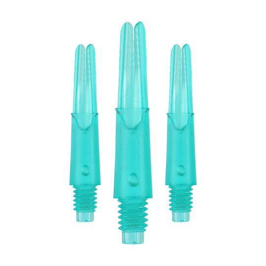 L-Style L-Shafts Locked Straight - Emerald 130 Auf dem Bild sind drei türkisfarbene Dartschäfte zu sehen. Sie haben eine gerade Form und ein Schraubgewinde am unteren Ende.