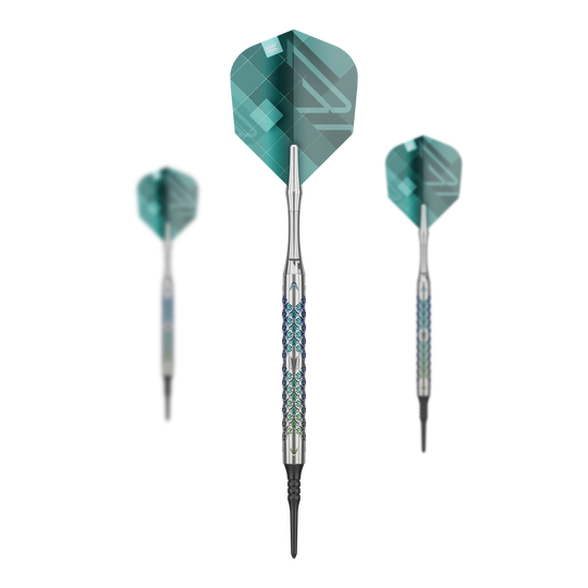 Target Rove 10 měkkých šipek Das Set Target Rove 10 Softdarts zeigt mehrere Darts zusammen. Die Produkte sind gleichmäßig angeordnet.