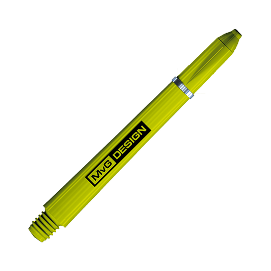 7100_Winmau_Nylon_Ring_Grip_MvG_Design_Shafts_46mm_2 Das Bild zeigt einen gelben Dart-Shaft mit der Aufschrift "MvG DESIGN". Es handelt sich um den Winmau Nylon Ring Grip MvG Design Shaft.