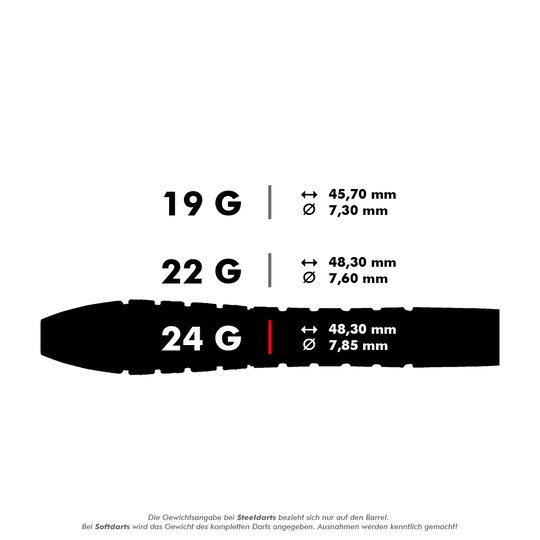 Das Bild zeigt unterschiedliche Gewichte und Maße von Steeldarts. Die 24-Gramm-Variante ist 48,30 mm lang und hat einen Durchmesser von 7,85 mm.