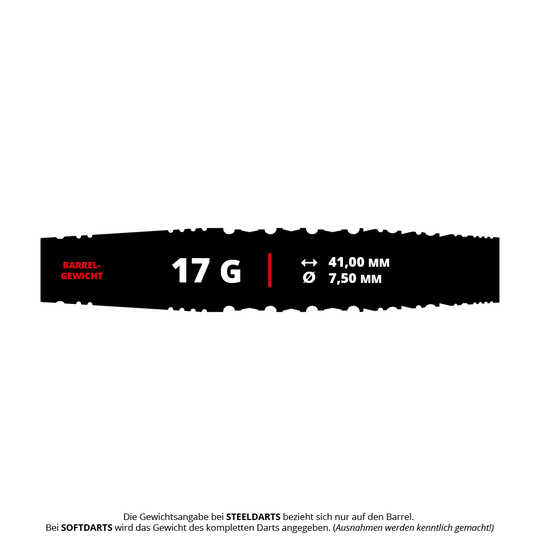 Das Bild zeigt die Produktinformationen der "Target Japan Black Marque Dancing Duck GEN 4 Softdarts - 17g". Das Barrelgewicht beträgt 17 Gramm, die Länge 41,00 mm und der Durchmesser 7,50 mm.