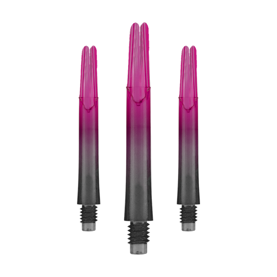 Asta a L stile L bloccata dritta Natural9 Aste bicolore - rosa Das Bild zeigt drei pink-schwarze Dartschäfte in gerader Form. Sie stehen aufrecht nebeneinander und haben Gewinde am unteren Ende.
