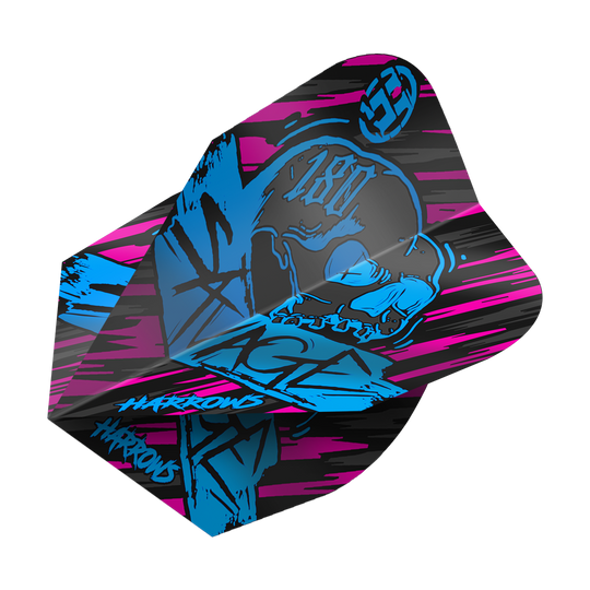 Voli Savage Aqua Pink No6 di Harrow Das Bild zeigt das Produkt "Harrows Savage Aqua Pink No6 Flights". Das Design ist auffällig mit schwarzen, pinken und blauen Farben sowie einem Totenkopf-Motiv.