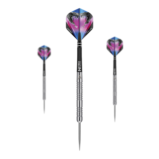 Freccette in acciaio Red Dragon Peter Wright Snakebite Euro 11 Das Bild zeigt drei Steeldarts des Modells "Red Dragon Peter Wright Snakebite Euro 11". Die Flights der Darts sind farbenfroh gestaltet und zeigen zwei Schlangen.