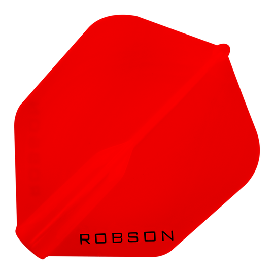 Robson Plus No6 Flights Das Bild zeigt einen roten Dart-Flight mit der Aufschrift "ROBSON". Der Flight hat eine sechseckige Form.